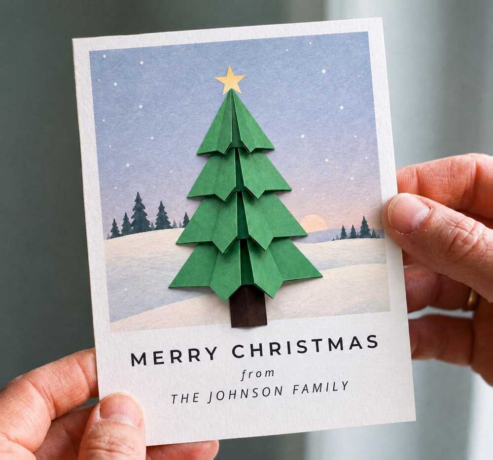 Personalized Family Christmas Card, 3D Origami Tree Design, Custom Last Name Pri